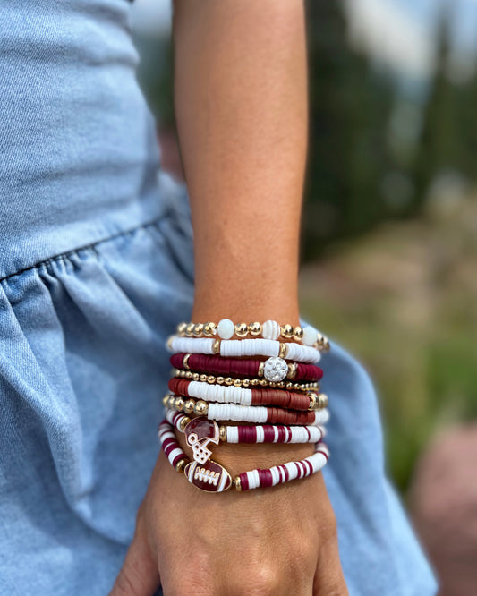 Maroon & White Rhinestone Football Helmet Enamel Bracelet Set