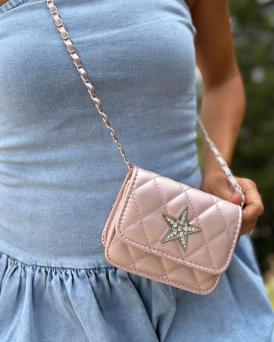 Metallic Blush Pink Rhinestone “Baby You’re A Star” Crossbody Purse