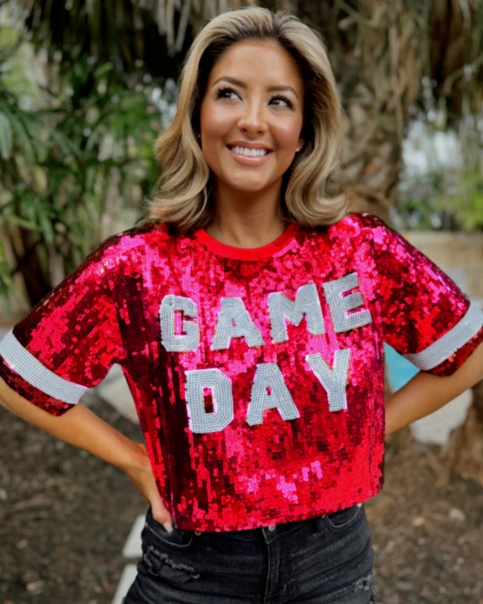 Hot Pink Sequin “GAME DAY” Crop