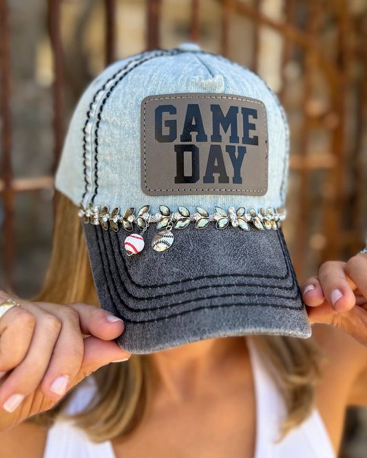 Baseball GAME DAY Denim Blue Charm Crystal Cap (Pre-Order: Ships 5/20)