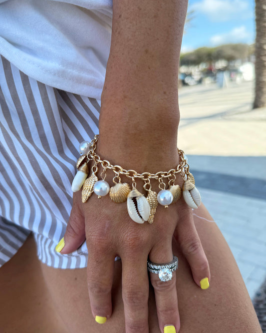 Gold Chain Pearl Puka Shell Charm Bracelet