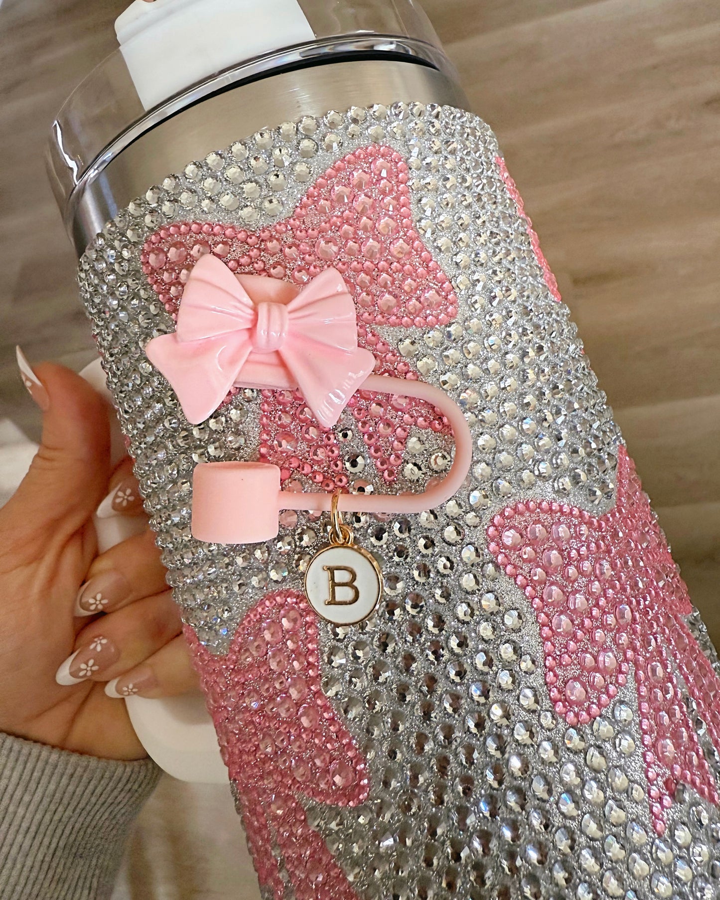 Initial Charm Pink Bow Tumbler Straw Topper