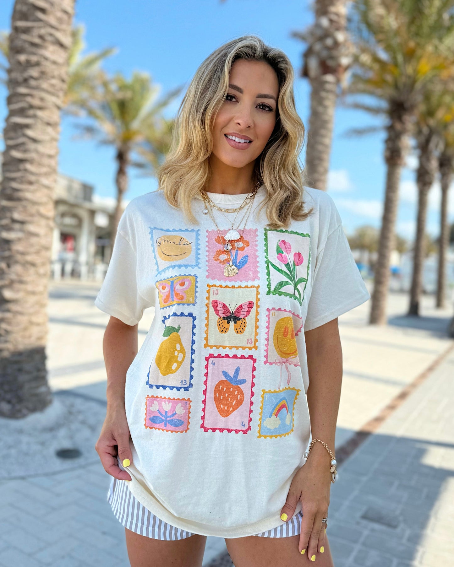 Smile Postcard Stamps Oversized Graphic Tee