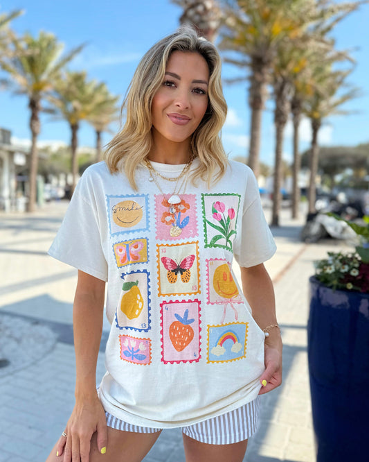 Smile Postcard Stamps Oversized Graphic Tee
