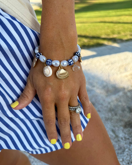 Blue Puka Shell Ceramic Bead Pearl Bracelet